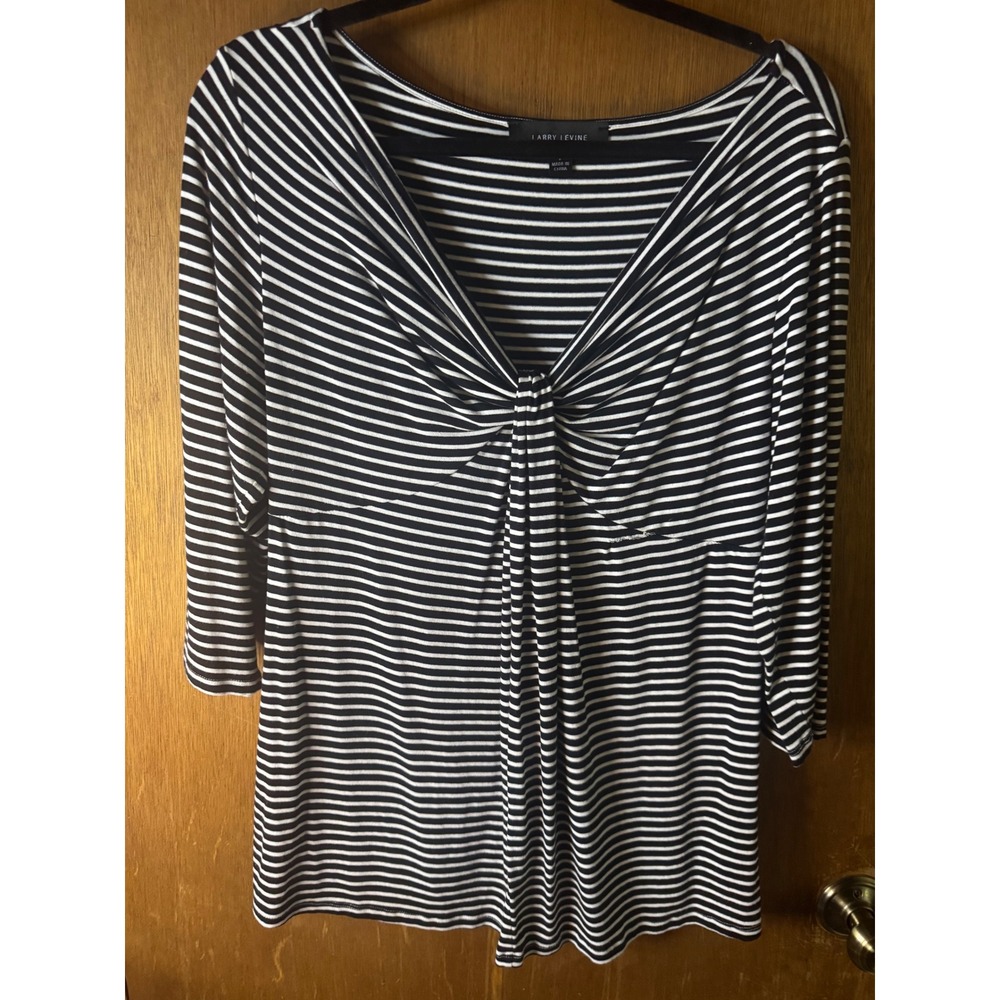 Larry Levine Women Black White Striped Twist Front V-Neck 3/4 Sleeve Top Large